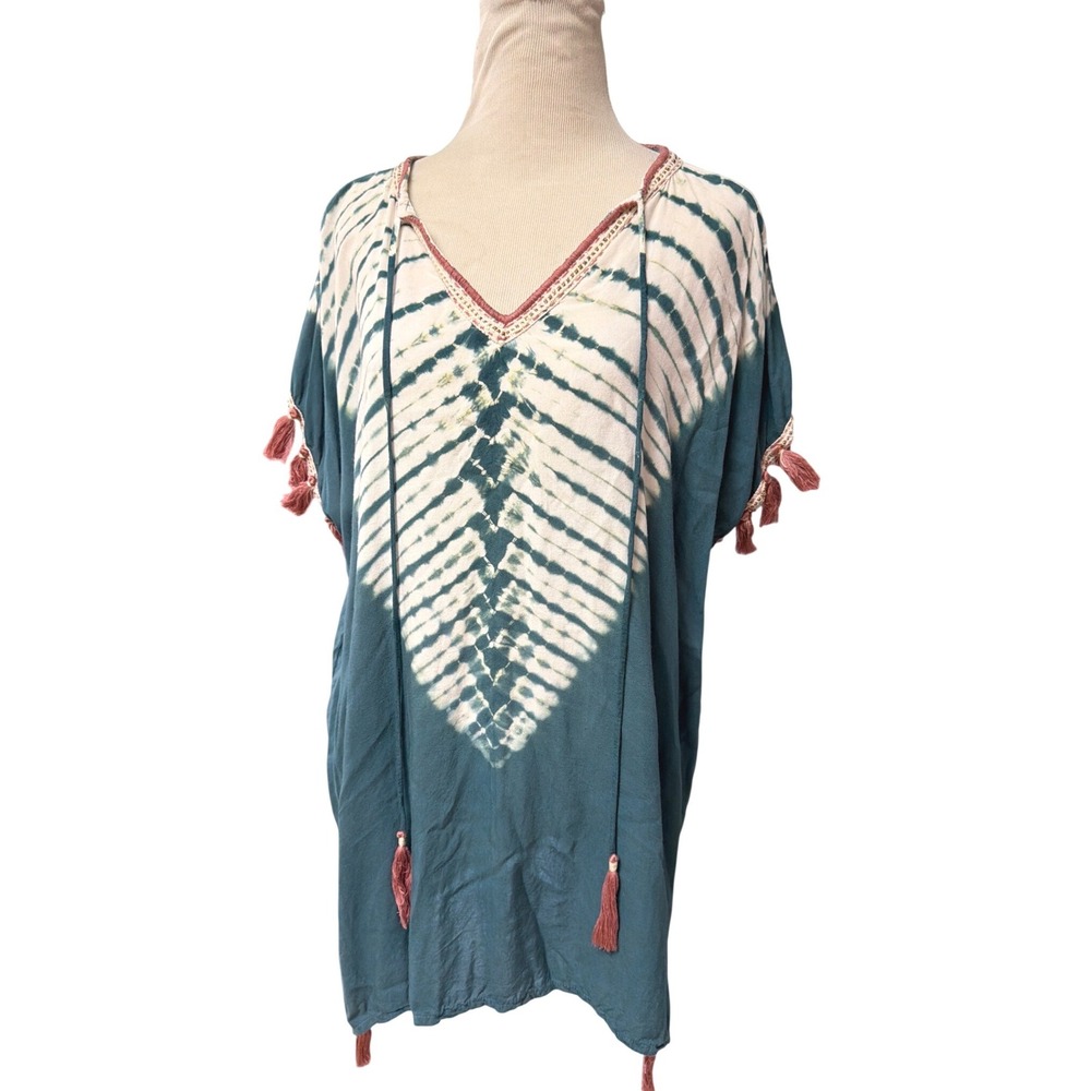 Skemo Womens Tie Dye Tassel Tunic Top Teal Shibori Boho V-Neck Oversized Small